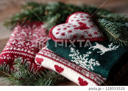 Handcrafted holiday-themed textiles arranged on wooden surface, featuring Scandinavian-inspired patterns and warm ambient light, ideal for festive lifestyle and seasonal marketing content. Handcrafted holiday-themed textiles arranged on wooden surface, featuring Scandinavian-inspired patterns and warm ambient light, ideal for festive lifestyle and seasonal marketing content. 128553520