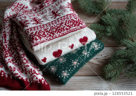 Handcrafted holiday-themed textiles arranged on wooden surface, featuring Scandinavian-inspired patterns and warm ambient light, ideal for festive lifestyle and seasonal marketing content. Handcrafted holiday-themed textiles arranged on wooden surface, featuring Scandinavian-inspired patterns and warm ambient light, ideal for festive lifestyle and seasonal marketing content. 128553521
