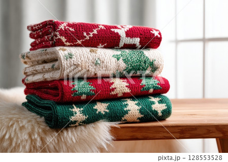 Holiday-themed knitted throws in traditional colors and designs arranged in natural light on a rustic bench, ideal for winter decor, homely comfort, and festive marketing visuals. 128553528