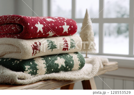 Holiday-themed knitted throws in traditional colors and designs arranged in natural light on a rustic bench, ideal for winter decor, homely comfort, and festive marketing visuals. 128553529