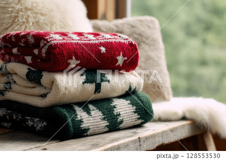 Folded Christmas blankets in warm tones and Nordic patterns sit on a wood bench with wool cushion and sheepskin, perfect for seasonal interior and cozy lifestyle content. 128553530