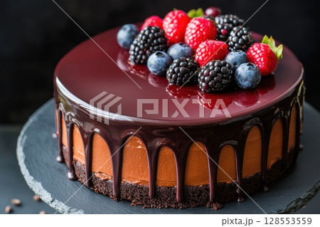 Decadent chocolate layer cake with dark cream and glossy berry glaze, fresh berries on top, dripping glaze detail, soft moody lighting, elegant artisanal dessert on dark background 128553559