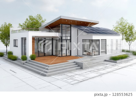 Eco friendly house with solar panels over architectural plans. Innovative home showcases glass walls and timber details, great for eco conscious building ideas. 128553625