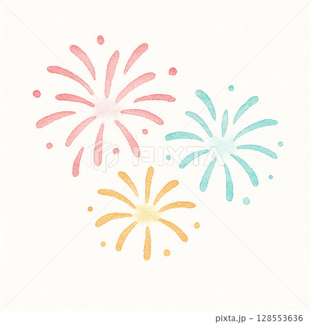 水彩風のカラフルな三色の花火イラスト 128553636