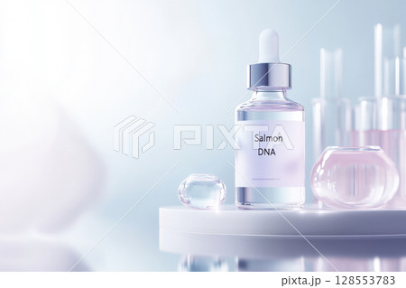 Glossy serum and soft lighting on white surface, perfect for cosmetic branding and lab-inspired skincare campaigns. 128553783