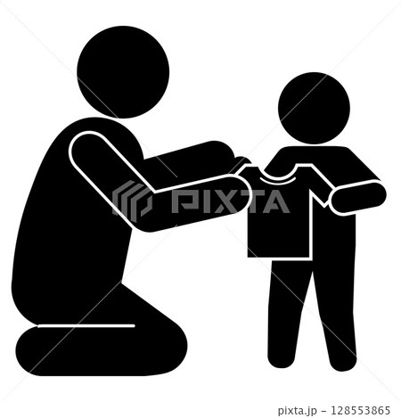 子どもに服を着させる大人のピクトグラム 128553865