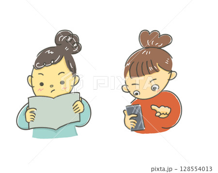 本、資料を読む女性 携帯で調べ物をする女性 女性二人のイラスト 本、資料を読む女性 携帯で調べ物をする女性 女性二人のイラスト 128554013