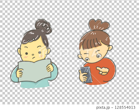 本、資料を読む女性 携帯で調べ物をする女性 女性二人のイラスト 本、資料を読む女性 携帯で調べ物をする女性 女性二人のイラスト 128554013