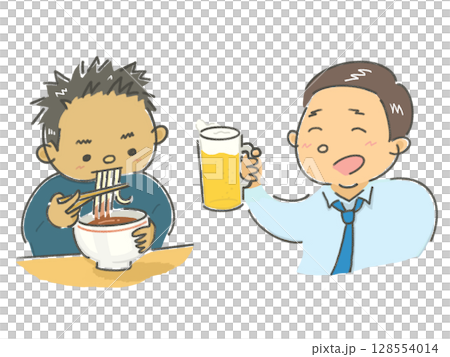 飲み会をする会社員　麺をすする男性　おじさんのイラスト 128554014
