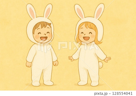 ウサギの着ぐるみを着た笑顔の子どもたちのイラスト 128554041