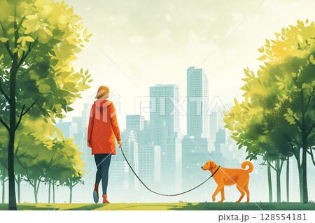 Woman walking a dog in a vibrant park with lush trees and a city skyline in the background, showcasing a peaceful urban lifestyle and connection with nature 128554181