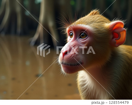 Sharp Close-Up of Proboscis Monkey with Pink Snout and Focused Expression in Borneo Mangrove Wetlands 128554479