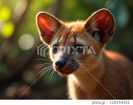 Curious Young Fossa with Prominent Whiskers Under Soft Madagascar Forest Light Curious Young Fossa with Prominent Whiskers Under Soft Madagascar Forest Light 128554481