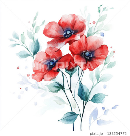 Red watercolor flowers on white background. Tender floral arrangement for holiday design 128554773