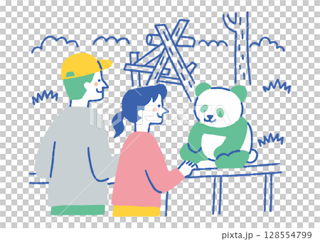 一對友善的夫婦在看熊貓_顏色 一對友善的夫婦在看熊貓_顏色 128554799