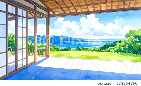 入道雲が浮かぶ海が見える縁側　日本の夏の田舎　水彩画風 128554860