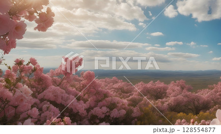 Serene spring landscape with meadows, pink flowers, cloudy sky a heavenly view 128554877