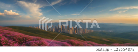 Imaginary urban scene surrounded by blooming fields with mountains, creating a dreamy cityscape 128554878