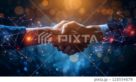 A close up of two people shaking hands at an event 128554879