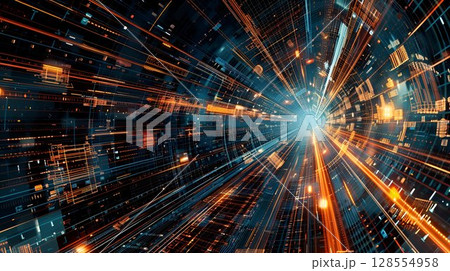 A computer generated image of a light tunnel emanating from the center 128554958