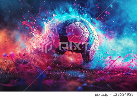 Exploding Soccer Ball with Colorful Splash Effects, Abstract, Blue and Pink, Sports Action 128554959