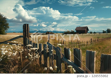 A wooden fence stands in a field with a house in the background 128555002