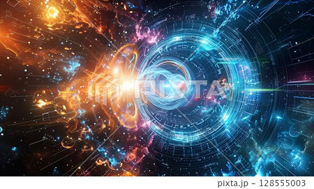 Computer generated glowing circle in space with electric blue hue 128555003