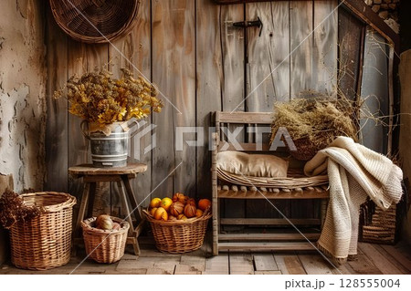 In the wooden room bench, baskets, flowers placed beautifully 128555004
