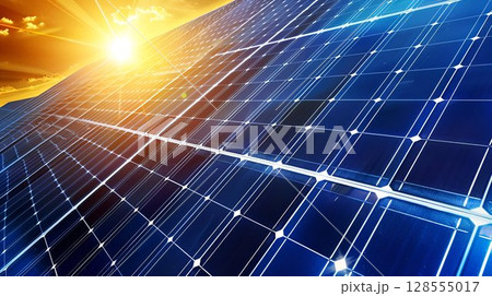 The bright sun rays beautifully light up the solar panels on a sunny day 128555017
