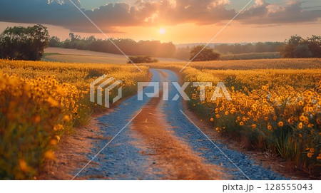Dirt road through golden flowers field at sunset with cloudy sky Dirt road through golden flowers field at sunset with cloudy sky 128555043