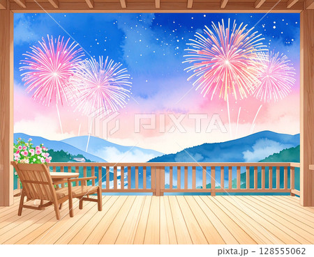 打上花火が上がる民家の縁側　夏の夜　水彩画風 128555062