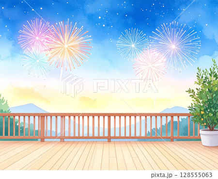 打上花火が上がる民家の縁側　夏の夜　水彩画風 128555063