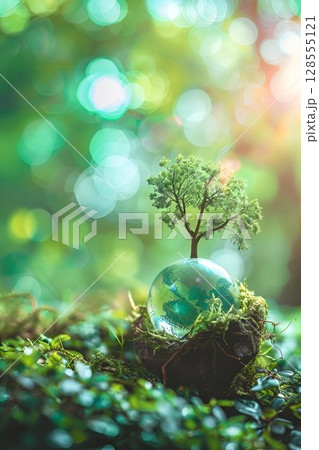 Small tree growing in glass ball with natural landscape around 128555121
