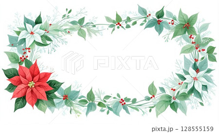 冬モチーフのナチュラル装飾枠|グリーンリーフ×ポインセチア花の水彩風 冬モチーフのナチュラル装飾枠|グリーンリーフ×ポインセチア花の水彩風 128555159
