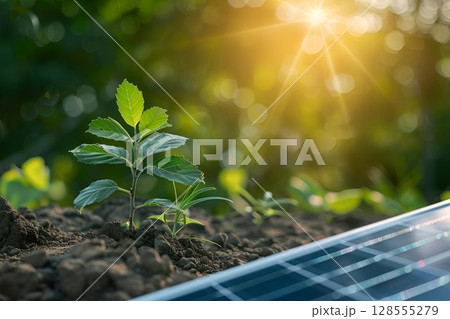A small plant is growing next to a solar panel on the ground A small plant is growing next to a solar panel on the ground 128555279
