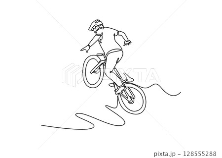 Single continuous line drawing young male practicing freestyle tricks and balancing without holding handlebars in skatepark. Healthy lifestyle. Dynamic one line draw graphic design vector illustration Single continuous line drawing young male practicing freestyle tricks and balancing without holding handlebars in skatepark. Healthy lifestyle. Dynamic one line draw graphic design vector illustration 128555288