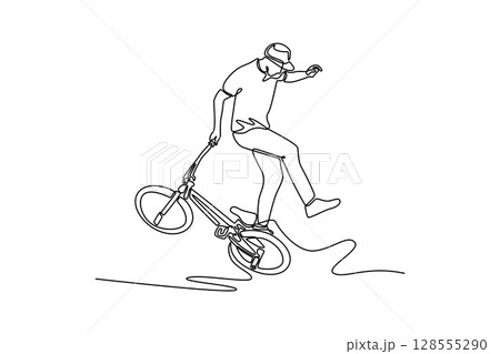 Single continuous line drawing young male performing freestyle bmx bike tricks with rotating his bike in skate park. Active man doing extreme sports. One line draw graphic design vector illustration Single continuous line drawing young male performing freestyle bmx bike tricks with rotating his bike in skate park. Active man doing extreme sports. One line draw graphic design vector illustration 128555290