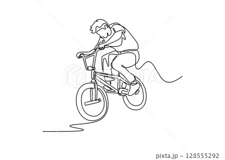 Single one line drawing active professional male athlete exercising bmx acrobatic. Skilled BMX freestyler jumping and doing aerial trick. Modern continuous line draw design graphic vector illustration 128555292