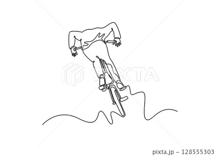 Continuous one line drawing extreme bicycle rider performing dangerous jump with his bike. BMX freestyler athlete doing aerial trick in street ramp. Single line draw design vector graphic illustration Continuous one line drawing extreme bicycle rider performing dangerous jump with his bike. BMX freestyler athlete doing aerial trick in street ramp. Single line draw design vector graphic illustration 128555303
