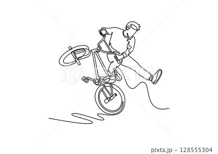 Continuous one line drawing young BMX rider making crazy tricks on his bicycle in skatepark indoor. BMX freestyle. Active lifestyle, sport, extreme. Single line draw design vector graphic illustration Continuous one line drawing young BMX rider making crazy tricks on his bicycle in skatepark indoor. BMX freestyle. Active lifestyle, sport, extreme. Single line draw design vector graphic illustration 128555304