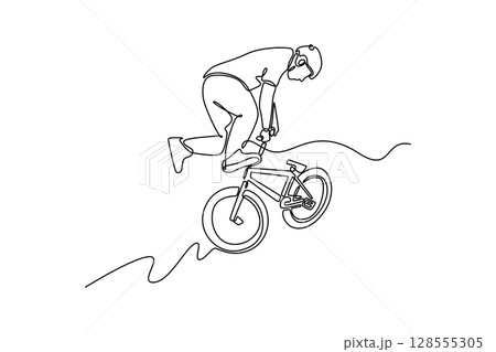 Continuous one line drawing BMX rider making tricks on bicycle in skatepark outdoors. Male athlete doing acrobatic bicycle BMX street performance. Single line draw design vector graphic illustration 128555305