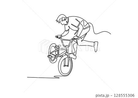 Continuous one line drawing bmx rider making reverse wheelie on skate park. Professional bike rider balancing on wheel in street ramp park outdoors. Single line draw design vector graphic illustration Continuous one line drawing bmx rider making reverse wheelie on skate park. Professional bike rider balancing on wheel in street ramp park outdoors. Single line draw design vector graphic illustration 128555306