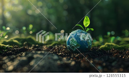 A small plant emerges from a globe in soil, amid grass and natural landscape 128555315