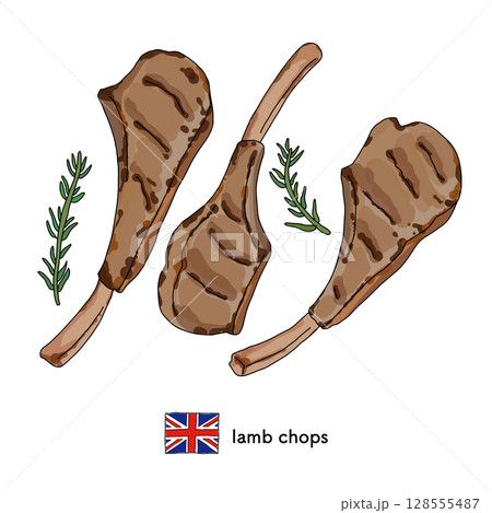 イギリス料理＿ラムチョップの線画イラスト 128555487