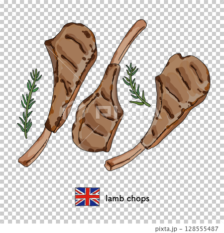 British cuisine _ lamb chop line drawing illustration 128555487