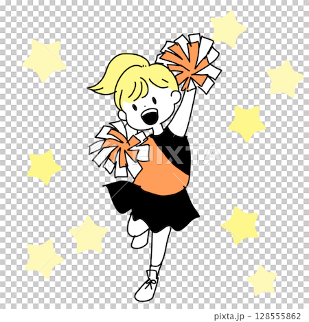 啦啦隊女孩和明星背景（歡呼、絨球、能量）的插圖 128555862