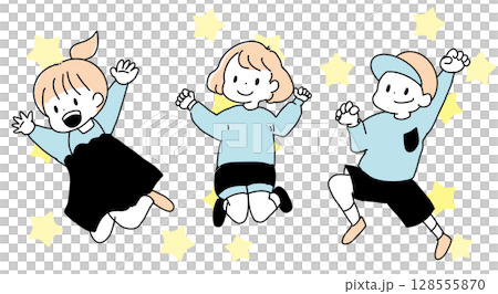 ジャンプする子供たちのイラスト（カラー・星背景付き） 128555870