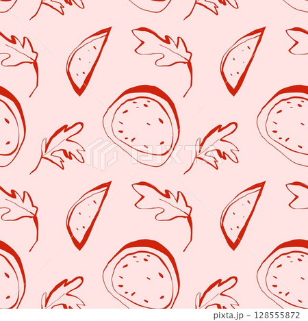 Seamless watermelon and leaf pattern on soft pink background for wrapping paper packaging and summer textile design Seamless watermelon and leaf pattern on soft pink background for wrapping paper packaging and summer textile design 128555872