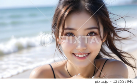 綺麗な海でビキニを着た笑顔のかわいい女の子のポートレート 128555946