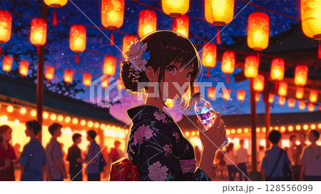 夏祭りとサイダー 128556099